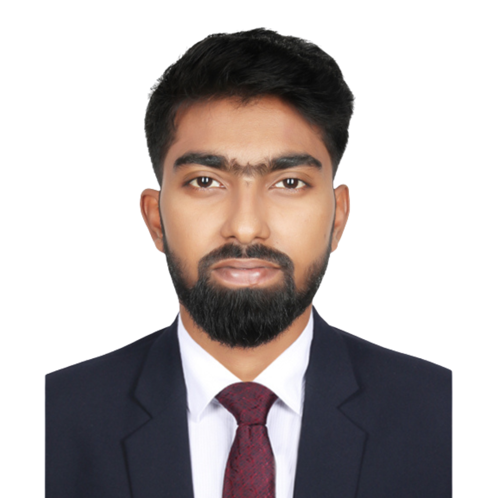 Farhan Sadik, wearing a black suit, with white shirt and maroon tie.