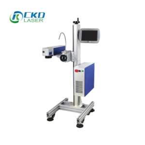 CKD Laser flying marking machine — Fiber model — displayed on adjustable aluminum frame with touchscreen controller, positioned side-by-side for comparison.