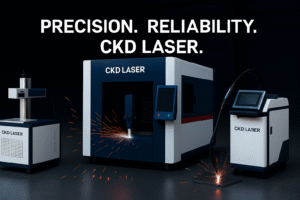 CKD Laser marking, cutting, and welding machines in a professional, dark setting, highlighting the text: PRECISION. RELIABILITY. CKD LASER.