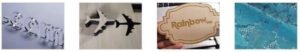 Examples of $\text{CO}_2$ laser processing on various materials: shiny acrylic lettering, layered models made from solid material (like wood or plastic), detailed engraving on wood, and precise cutting/etching on textiles.