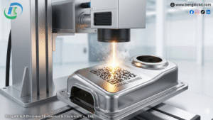 a fiber laser marking machine actively engraving a metal component. It visually represents the high-precision and industrial nature of this technology.