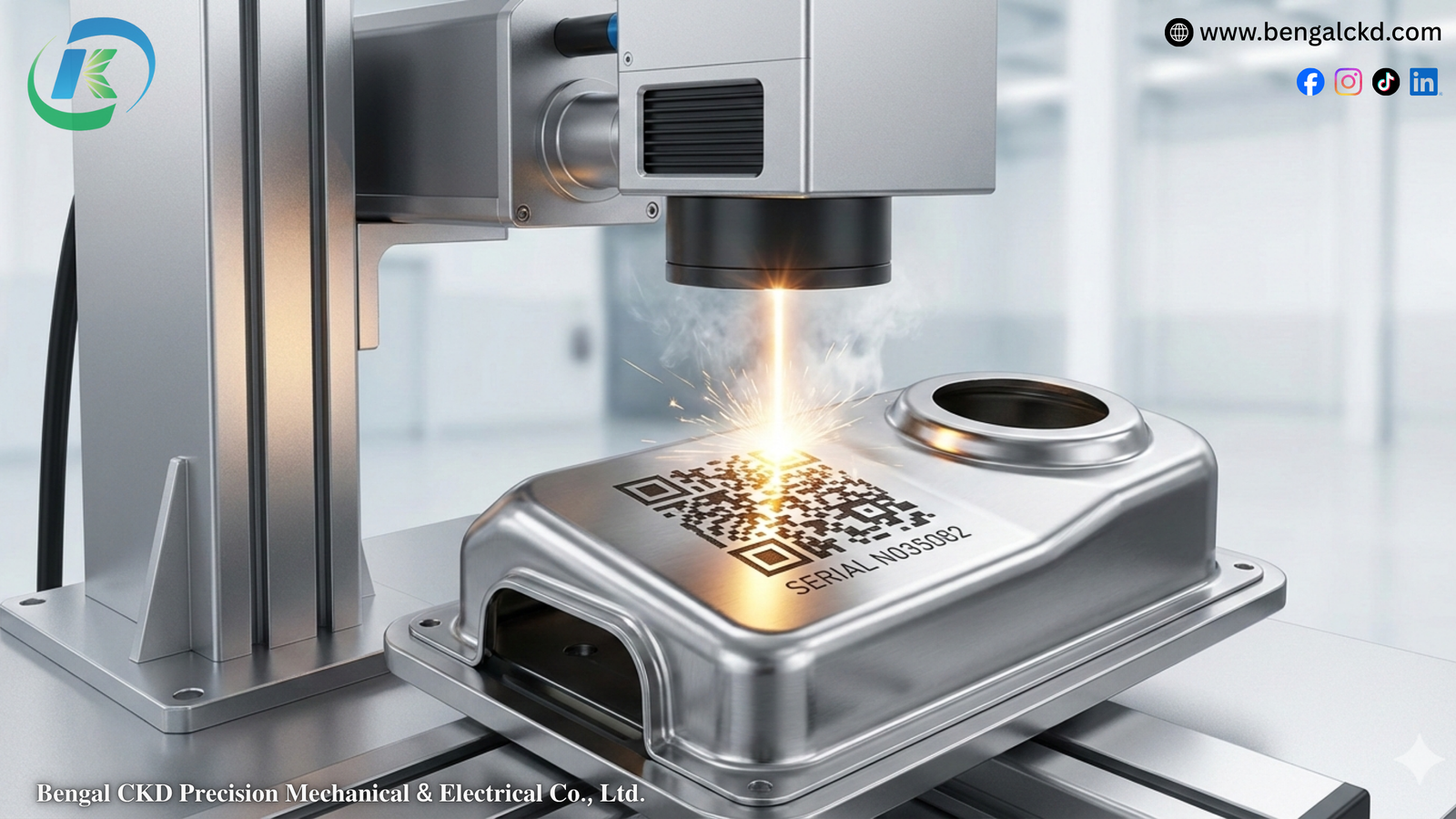 a fiber laser marking machine actively engraving a metal component. It visually represents the high-precision and industrial nature of this technology.