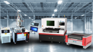 A group display of various CKD Laser machinery, including laser marking, cutting, and welding systems, positioned in a large industrial factory setting.